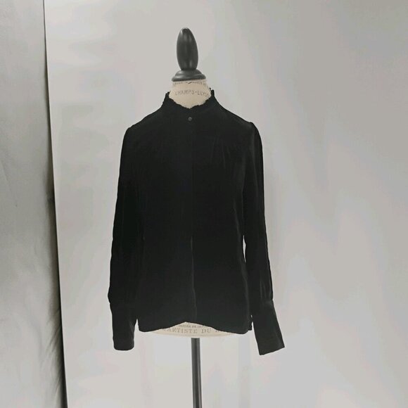 go silk velvet long sleeve black black button down ruffle collar washable silk - Picture 2 of 14